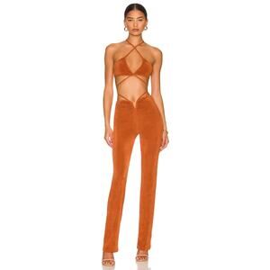 Superdown Irene Strappy Pant Set Brown Slinky Jersey 2pc Ruched Sheen Sz‎ XL